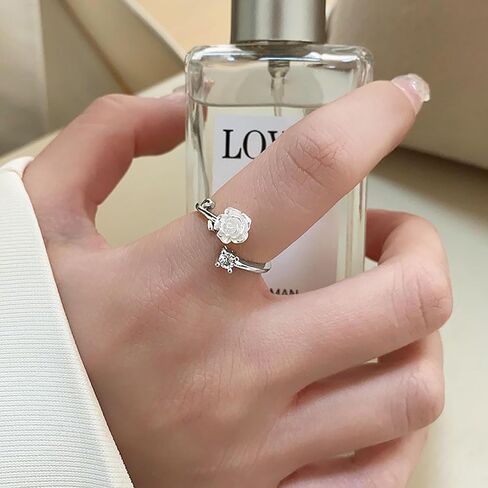 Boho White Flower Ring White Rose Knuckle Ring Rose Flower Stacking Ring Dot Crystal Finger Ring Rhinestone Open Ring Gold Adjustable Ring Jewelry for Women and Girls Gifts (Gold) in Kuwait