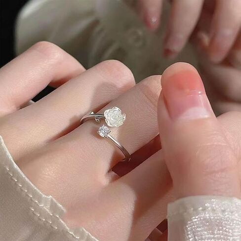 Boho White Flower Ring White Rose Knuckle Ring Rose Flower Stacking Ring Dot Crystal Finger Ring Rhinestone Open Ring Gold Adjustable Ring Jewelry for Women and Girls Gifts (Gold) in Kuwait