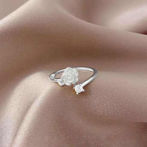 Boho White Flower Ring White Rose Knuckle Ring Rose Flower Stacking Ring Dot Crystal Finger Ring Rhinestone Open Ring Gold Adjustable Ring Jewelry for Women and Girls Gifts (Gold) in Kuwait