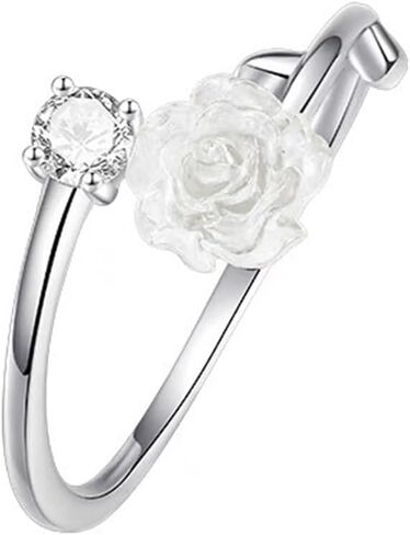 Boho White Flower Ring White Rose Knuckle Ring Rose Flower Stacking Ring Dot Crystal Finger Ring Rhinestone Open Ring Gold Adjustable Ring Jewelry for Women and Girls Gifts (Gold) in Kuwait