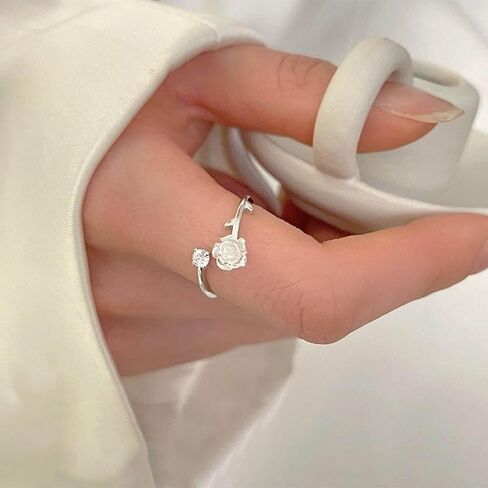 Boho White Flower Ring White Rose Knuckle Ring Rose Flower Stacking Ring Dot Crystal Finger Ring Rhinestone Open Ring Gold Adjustable Ring Jewelry for Women and Girls Gifts (Gold) in Kuwait