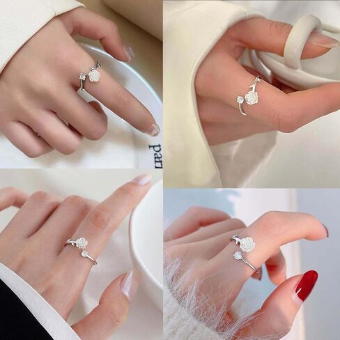 Boho White Flower Ring White Rose Knuckle Ring Rose Flower Stacking Ring Dot Crystal Finger Ring Rhinestone Open Ring Gold Adjustable Ring Jewelry for Women and Girls Gifts (Gold) in Kuwait