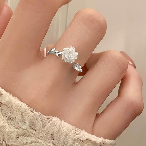 Boho White Flower Ring White Rose Knuckle Ring Rose Flower Stacking Ring Dot Crystal Finger Ring Rhinestone Open Ring Gold Adjustable Ring Jewelry for Women and Girls Gifts (Gold) in Kuwait