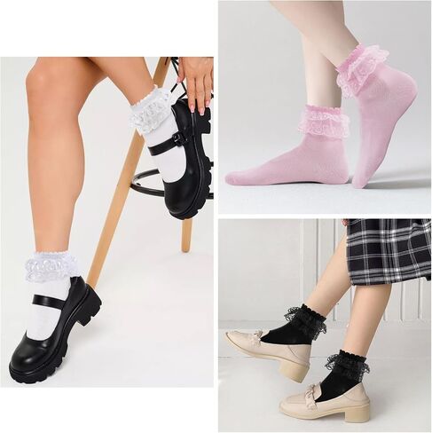 Women Ruffle Socks Frilly Ankle Socks Cute Adult Lace Ruffles Dress Sock Fancy Lolita Crew Bobby Bride Sock for Woman in Kuwait