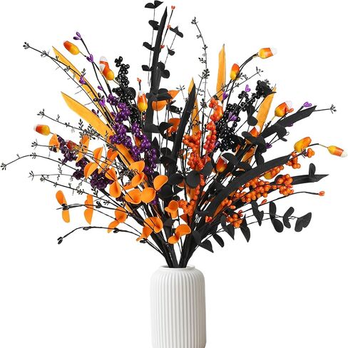 Sggvecsy 6 Pcs Artificial Halloween Stem with Berries Teeth Black Orange Leaves Faux Picks Decorative Twigs for Flower Arrangemant Table Centerpiece Halloween DIY Crafts Festival Home Decoration in Saudi Arabia