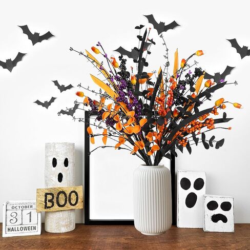 Sggvecsy 6 Pcs Artificial Halloween Stem with Berries Teeth Black Orange Leaves Faux Picks Decorative Twigs for Flower Arrangemant Table Centerpiece Halloween DIY Crafts Festival Home Decoration in Saudi Arabia