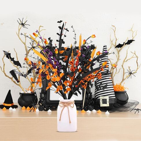 Sggvecsy 6 Pcs Artificial Halloween Stem with Berries Teeth Black Orange Leaves Faux Picks Decorative Twigs for Flower Arrangemant Table Centerpiece Halloween DIY Crafts Festival Home Decoration in Saudi Arabia