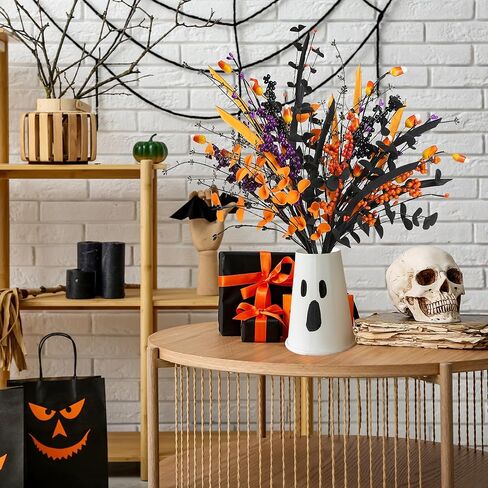 Sggvecsy 6 Pcs Artificial Halloween Stem with Berries Teeth Black Orange Leaves Faux Picks Decorative Twigs for Flower Arrangemant Table Centerpiece Halloween DIY Crafts Festival Home Decoration in Saudi Arabia