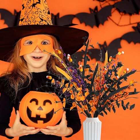 Sggvecsy 6 Pcs Artificial Halloween Stem with Berries Teeth Black Orange Leaves Faux Picks Decorative Twigs for Flower Arrangemant Table Centerpiece Halloween DIY Crafts Festival Home Decoration in Saudi Arabia
