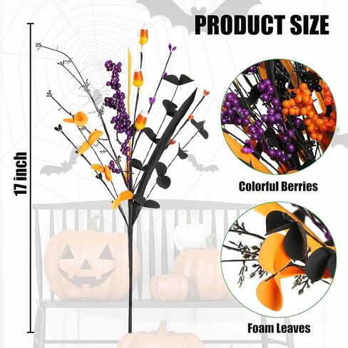 Sggvecsy 6 Pcs Artificial Halloween Stem with Berries Teeth Black Orange Leaves Faux Picks Decorative Twigs for Flower Arrangemant Table Centerpiece Halloween DIY Crafts Festival Home Decoration in Saudi Arabia