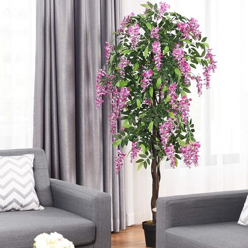Goplus 5.5ft Ficus شجرة اصطناعية ، شجرة Wisteria فو في وعاء الحضانة مع الزهور المزهرة ، نباتات الأشجار الخضراء المزيفة لمحطة غرفة المعيشة الداخلية الشرفة المنزلية الشرفة in Saudi Arabia