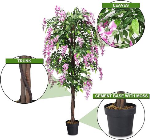 Goplus 5.5ft Ficus شجرة اصطناعية ، شجرة Wisteria فو في وعاء الحضانة مع الزهور المزهرة ، نباتات الأشجار الخضراء المزيفة لمحطة غرفة المعيشة الداخلية الشرفة المنزلية الشرفة in Saudi Arabia