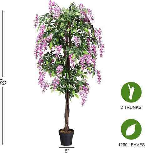 Goplus 5.5ft Ficus شجرة اصطناعية ، شجرة Wisteria فو في وعاء الحضانة مع الزهور المزهرة ، نباتات الأشجار الخضراء المزيفة لمحطة غرفة المعيشة الداخلية الشرفة المنزلية الشرفة in Saudi Arabia