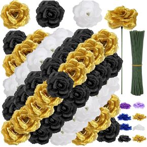 108 قطعة من زهور الرأس مع جذع - زهور صناعية للتخرج باللونين الأسود والذهبي - زهور صناعية وردية حريرية لتزيين باقة الزفاف DIY قطع مركزية لحفلات التخرج وتزيين طاولات الحفلات in Kuwait