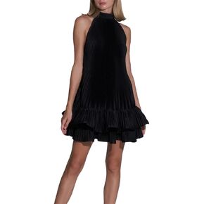 Niiyyjj Casual Pleated Mini Dresses for Women Mock Neck Sleeveless Halterneck High Waist Loose Dress in Kuwait