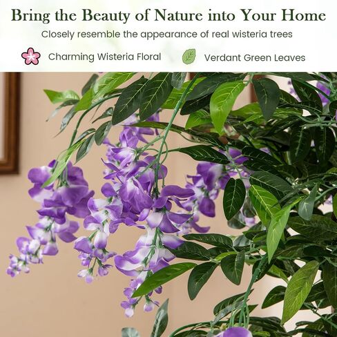 Goplus 5.5ft Ficus شجرة اصطناعية ، شجرة Wisteria فو في وعاء الحضانة مع الزهور المزهرة ، نباتات الأشجار الخضراء المزيفة لمحطة غرفة المعيشة الداخلية الشرفة المنزلية الشرفة in Kuwait