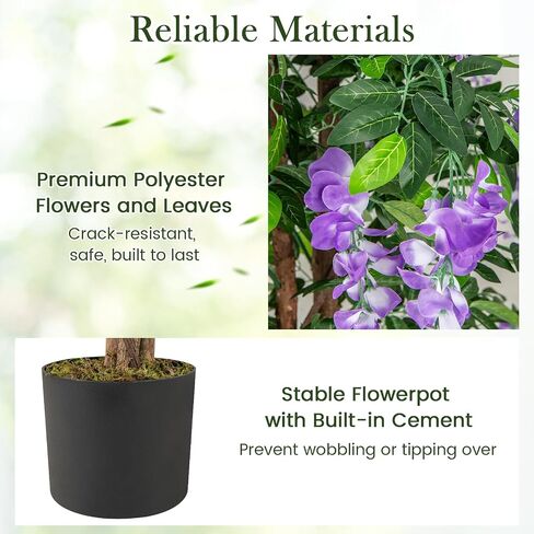 Goplus 5.5ft Ficus شجرة اصطناعية ، شجرة Wisteria فو في وعاء الحضانة مع الزهور المزهرة ، نباتات الأشجار الخضراء المزيفة لمحطة غرفة المعيشة الداخلية الشرفة المنزلية الشرفة in Kuwait