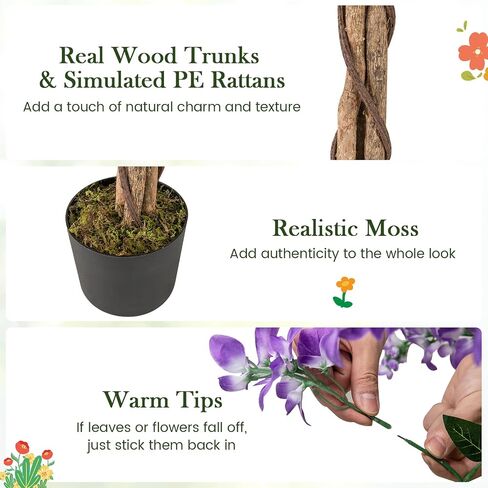 Goplus 5.5ft Ficus شجرة اصطناعية ، شجرة Wisteria فو في وعاء الحضانة مع الزهور المزهرة ، نباتات الأشجار الخضراء المزيفة لمحطة غرفة المعيشة الداخلية الشرفة المنزلية الشرفة in Kuwait