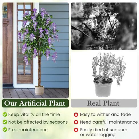 Goplus 5.5ft Ficus شجرة اصطناعية ، شجرة Wisteria فو في وعاء الحضانة مع الزهور المزهرة ، نباتات الأشجار الخضراء المزيفة لمحطة غرفة المعيشة الداخلية الشرفة المنزلية الشرفة in Kuwait