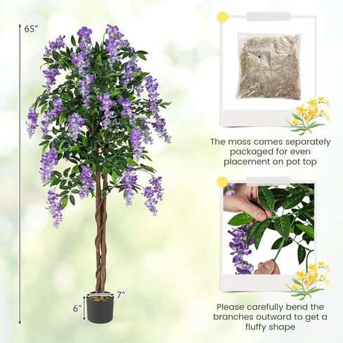 Goplus 5.5ft Ficus شجرة اصطناعية ، شجرة Wisteria فو في وعاء الحضانة مع الزهور المزهرة ، نباتات الأشجار الخضراء المزيفة لمحطة غرفة المعيشة الداخلية الشرفة المنزلية الشرفة in Kuwait