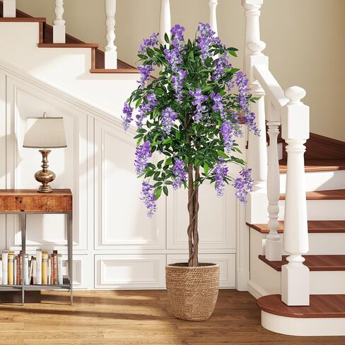 Goplus 5.5ft Ficus شجرة اصطناعية ، شجرة Wisteria فو في وعاء الحضانة مع الزهور المزهرة ، نباتات الأشجار الخضراء المزيفة لمحطة غرفة المعيشة الداخلية الشرفة المنزلية الشرفة in Kuwait