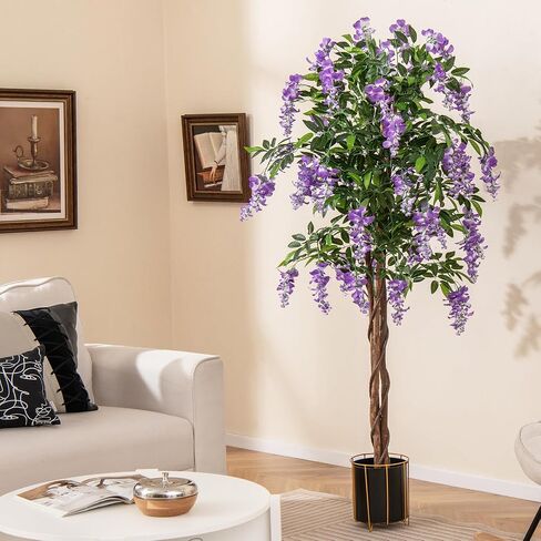 Goplus 5.5ft Ficus شجرة اصطناعية ، شجرة Wisteria فو في وعاء الحضانة مع الزهور المزهرة ، نباتات الأشجار الخضراء المزيفة لمحطة غرفة المعيشة الداخلية الشرفة المنزلية الشرفة in Kuwait
