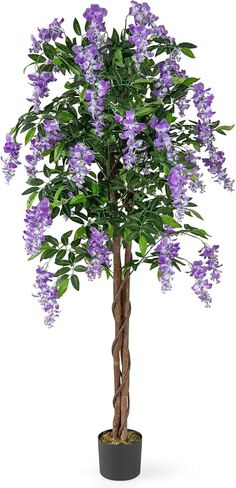 Goplus 5.5ft Ficus شجرة اصطناعية ، شجرة Wisteria فو في وعاء الحضانة مع الزهور المزهرة ، نباتات الأشجار الخضراء المزيفة لمحطة غرفة المعيشة الداخلية الشرفة المنزلية الشرفة in Kuwait