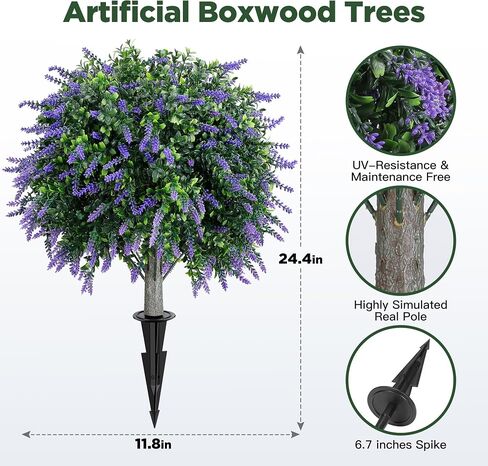 Artificial Boxwood Topiary Ball Tree 2 Pack, UV Resistant Artificial Shrub Bushes with Ground Spike, Fake Evergreen Artificial Plant Bushes for Front Porch, Garden, Indoor, Outdoor Planters in Kuwait