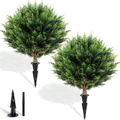 Artificial Boxwood Topiary Ball Tree 2 Pack, UV Resistant Artificial Shrub Bushes with Ground Spike, Fake Evergreen Artificial Plant Bushes for Front Porch, Garden, Indoor, Outdoor Planters in Kuwait