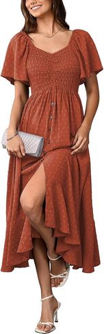 Womens Smocked Empire Waist Maxi Dress Sweetheart Neckline Flutter Sleeve Swiss Dot Elegant Cute Dresses Button Down in Kuwait
