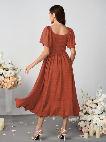 Womens Smocked Empire Waist Maxi Dress Sweetheart Neckline Flutter Sleeve Swiss Dot Elegant Cute Dresses Button Down in Kuwait