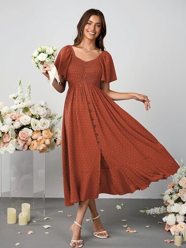Womens Smocked Empire Waist Maxi Dress Sweetheart Neckline Flutter Sleeve Swiss Dot Elegant Cute Dresses Button Down in Kuwait