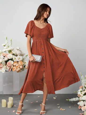 Womens Smocked Empire Waist Maxi Dress Sweetheart Neckline Flutter Sleeve Swiss Dot Elegant Cute Dresses Button Down in Kuwait