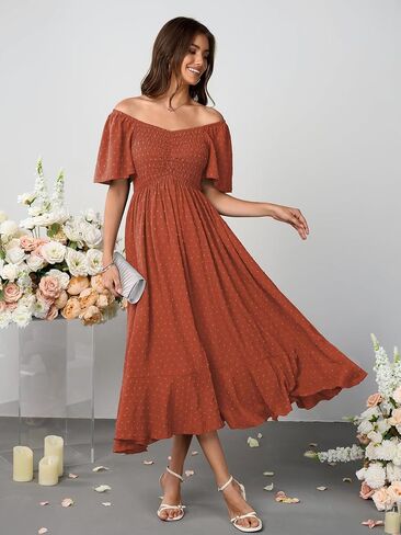 Womens Smocked Empire Waist Maxi Dress Sweetheart Neckline Flutter Sleeve Swiss Dot Elegant Cute Dresses Button Down in Kuwait