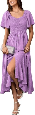 Womens Smocked Empire Waist Maxi Dress Sweetheart Neckline Flutter Sleeve Swiss Dot Elegant Cute Dresses Button Down in Kuwait