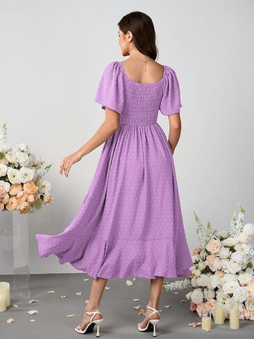 Womens Smocked Empire Waist Maxi Dress Sweetheart Neckline Flutter Sleeve Swiss Dot Elegant Cute Dresses Button Down in Kuwait