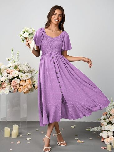 Womens Smocked Empire Waist Maxi Dress Sweetheart Neckline Flutter Sleeve Swiss Dot Elegant Cute Dresses Button Down in Kuwait