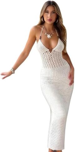 Women's Sexy Halter Hollow Out Knitted Mini Dress Ruched Drawstring Sleeveless Backless Bodycon Summer Beach Dress in Kuwait