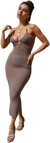 Women's Sexy Halter Hollow Out Knitted Mini Dress Ruched Drawstring Sleeveless Backless Bodycon Summer Beach Dress in Kuwait