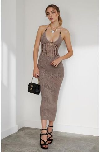 Women's Sexy Halter Hollow Out Knitted Mini Dress Ruched Drawstring Sleeveless Backless Bodycon Summer Beach Dress in Kuwait