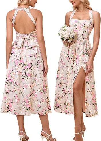 Eynmin Floral Midi Dress Halter Neck Flowy A Line Split Lace Up Wedding Guest Dresses Sundress for Women 2025 in Kuwait