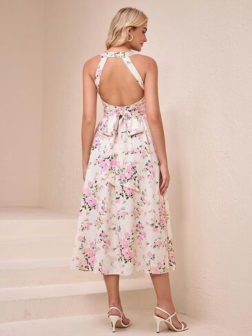 Eynmin Floral Midi Dress Halter Neck Flowy A Line Split Lace Up Wedding Guest Dresses Sundress for Women 2025 in Kuwait