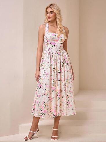 Eynmin Floral Midi Dress Halter Neck Flowy A Line Split Lace Up Wedding Guest Dresses Sundress for Women 2025 in Kuwait
