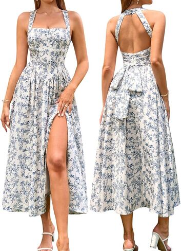 EYNMIN Floral Midi Dress Halter Neck Flowy A Line Split Lace Up Wedding Guest Dresses Casual Sundress for Women 2025 in Saudi Arabia