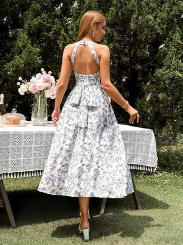 EYNMIN Floral Midi Dress Halter Neck Flowy A Line Split Lace Up Wedding Guest Dresses Casual Sundress for Women 2025 in Saudi Arabia
