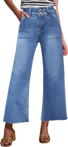 Allimy Womens High Rise Two Button Closure Cropped Jeans Wide Leg Front Slip Pockets Frayed Hem Denim Pant in Kuwait