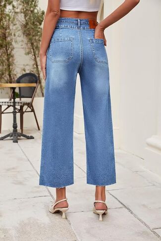 Allimy Womens High Rise Two Button Closure Cropped Jeans Wide Leg Front Slip Pockets Frayed Hem Denim Pant in Kuwait