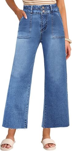 Allimy Womens High Rise Two Button Closure Cropped Jeans Wide Leg Front Slip Pockets Frayed Hem Denim Pant in Kuwait
