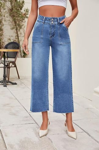 Allimy Womens High Rise Two Button Closure Cropped Jeans Wide Leg Front Slip Pockets Frayed Hem Denim Pant in Kuwait