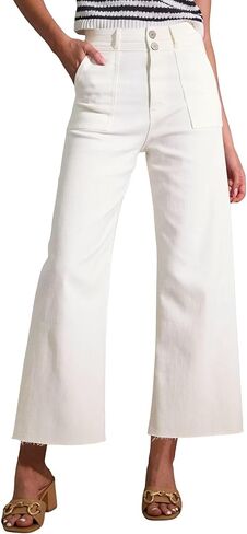 Allimy Womens High Rise Two Button Closure Cropped Jeans Wide Leg Front Slip Pockets Frayed Hem Denim Pant in Kuwait